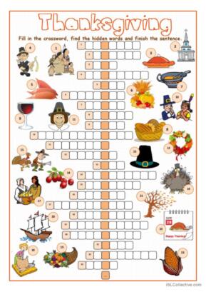 Thanksgiving Crossword Puzzl…: English Esl Worksheets Pdf & Doc
